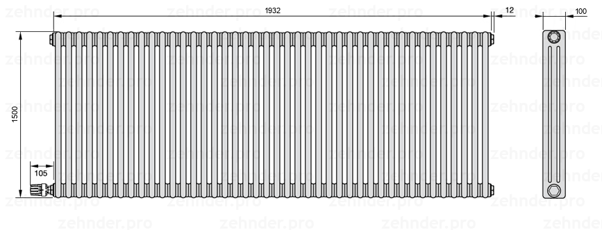 Схема (чертеж) Радиатор Zehnder Charleston 3150/42 №V003 Белый глянцевый RAL 9016